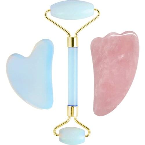 Rose Quartz Face Massage Roller Gua sha Scraper Set Natural Opal Jade Facial Massager Gouache Scraper Jade Roll massage Tool Kit