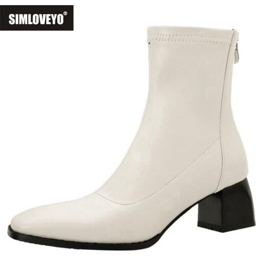 SIMLOVEYO 2021 New Designer Brand Ankle Boots for Women Stretchy Sock Bootie Zip Round Toe Square Low Heel Black White 43 S2426