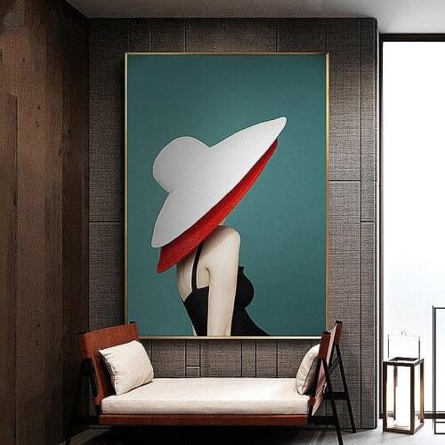 Modern Fashion Poster Girl Wearing a Hat Wall Art Canvas Painting Abstract Figure Back View Art Wall Picture Room Home Decor
