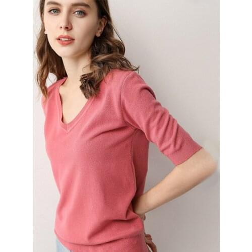 Women Knitted Half-sleeved V-neck Solid T-shirt 2021 New Fashion Stretch Knitted Tee Shirt Solid Casual Spring Summer Female Top