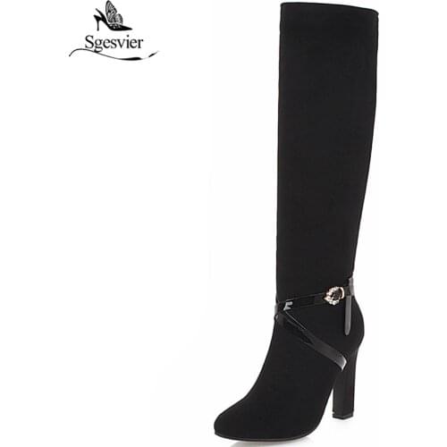 Sgesvier Fashion Winter 2018 Block Chunky High Heels Ladies Shoes Buckle Strap Knee High Womens Ridding Boots Black Red B604