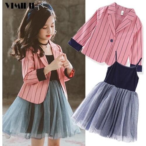 2019 New Arrival Girls Fashion Suit Suit Jacket Dress 2 Pieces Elegant Lady Style Striped Coat Princess For 3-12 Year Old Girls