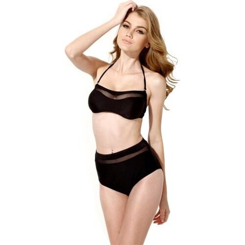 Colloyes Women High Waisted Bikini Halter Top Mesh Swimsuit Size M L S Ladies Bathing Suit Swimwear Pure Color Black Blue Pink