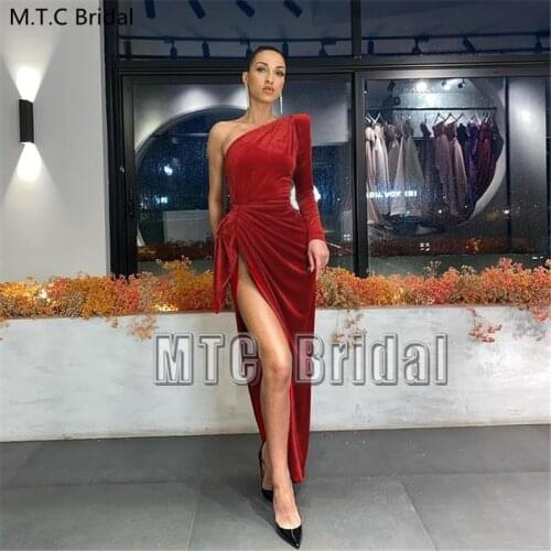 Long Sleeve Burgundy Prom Dresses One Shoulder High Slit Sexy Velvet Special Occasion Dress Customize Formal Occasion Women Gown