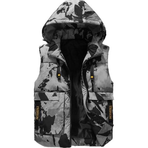 Winter Vests Plus Size 4xl Mens Camouflage Waistcoat Hat Detachable Sleeveless Jackets Warm Parka Unloading Windproof Warm Coat