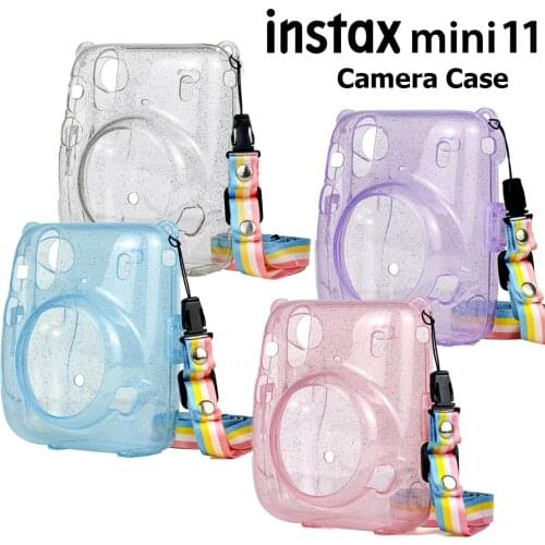 For Fujifilm Instax Mini 11 Instant Film Camera Bag Crystal Hard Case Glitter Cover Shell with Shoulder Strap Pink Purple Blue