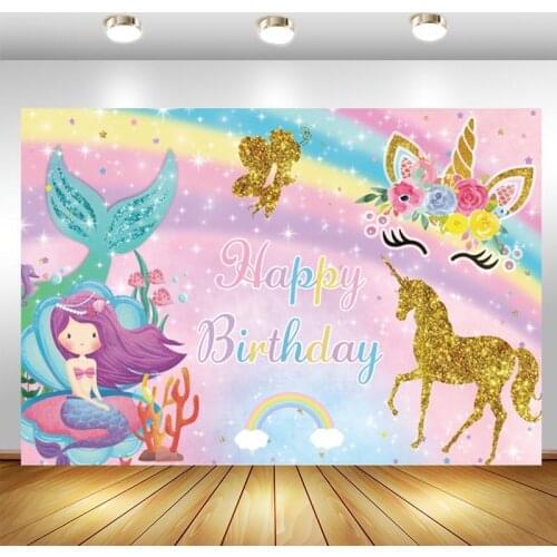 Unicorn Mermaid Backdrop Baby Show Girls Birthday Party Rainbow Photography Background Photo Studio Prop