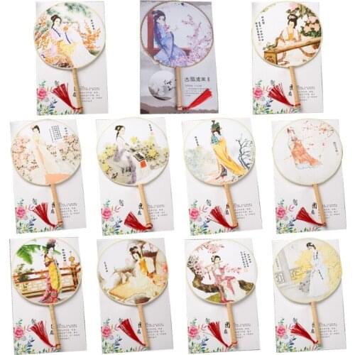Chinese Style Ancient Handheld Round Circular Fan Classical Beauty Female Print Dancing Hand Fans With Tassel Wooden Handle