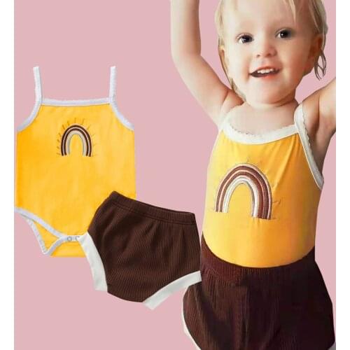 Baby Girl Clothes Set, Rainbow Embroidery Sleeveless Sling Romper + Solid Color Short Pants