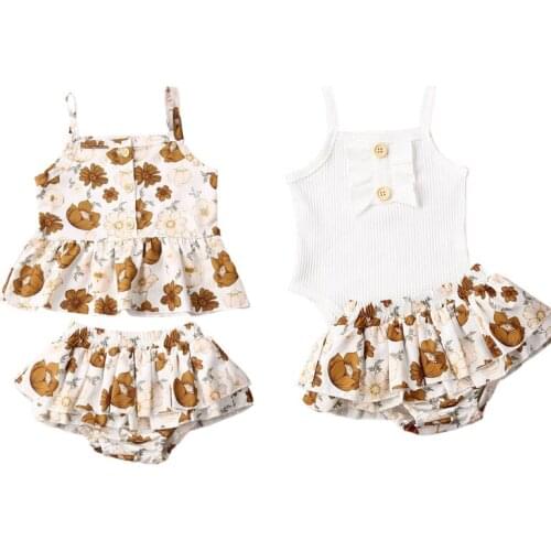 Infant Baby Girls Boys Clothes Sets 2pcs Flowers Print Sleeveless Romper Tops+Ruffles Shorts 2 Style