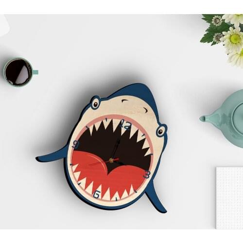 Nordic Cartoon Wall Clock Silent Hanging Shark Mouth Animal Wood Children Bedroom Kindergarten Decoration Gift Home Decor 11inch