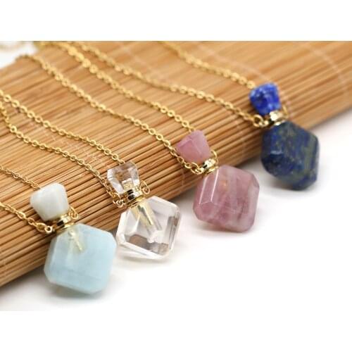 Natural Stone Perfume Bottle Pendant Necklace Amethyst Quartzs Essential Oil Diffuser Vial Jewelry for Women Gifts 60CM