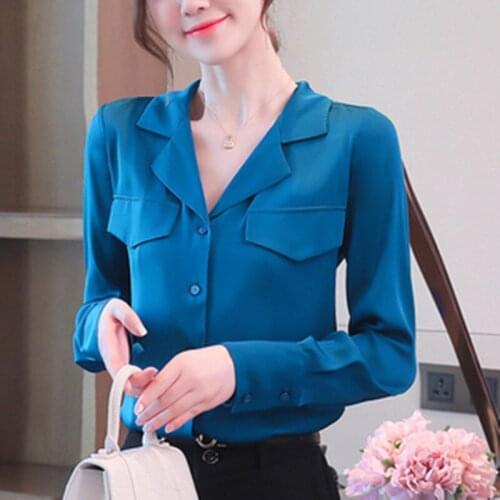New V-neck Solid Shirts Women 2021 Autumn Fashion Chiffon Ladies Tops Button Long Sleeve Woman Shirt Retro Blouse Blusas Clothes