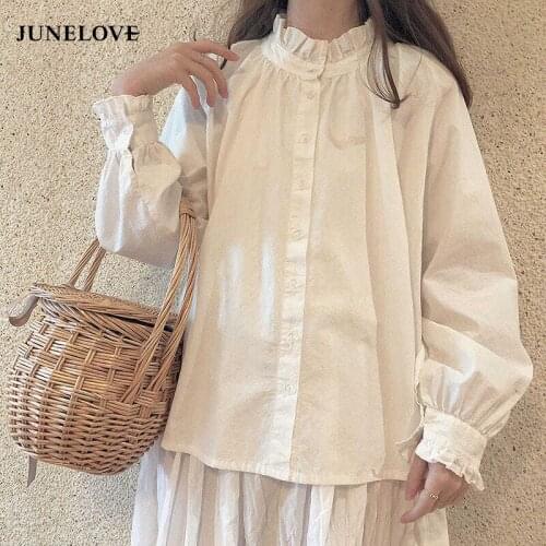 JuneLove 2021 New Women Sweet Basic Shirts Japanese Simple Autumn Long Sleeve Girl Blouse Lovely Chic Ruffle Popular College Top