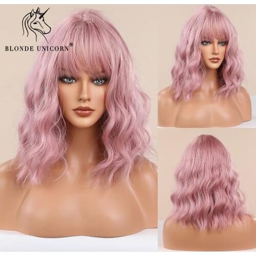 Blonde Unicorn Short Wavy Pink Bob Wigs with Bangs For Women Daily Party Natural Hair Synthetic Heat Resistant Fiber Hair