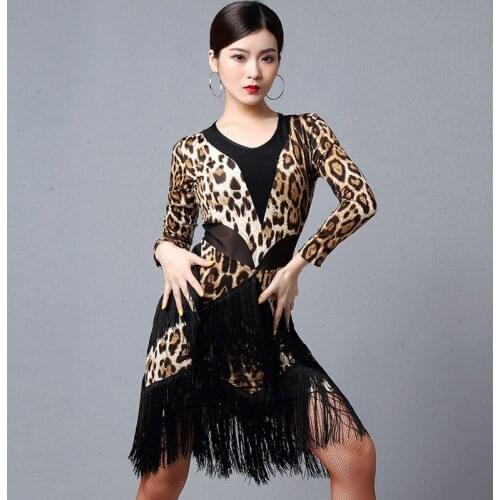 Female Latin Dance Dress Women Long Sleeve Fringe Skirt Zebra Pattern Leopard Print Clothes Rumba Tango Samba Dancewear DQL3033
