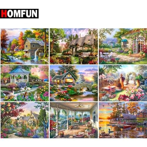 HOMFUN Full diamond Painting "House flower landscape" Resin Drill Embroidery 5D Diy Diamond Painting Handmade Cross Stitch gif