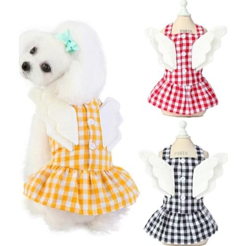 New Spring Summer Angel Wings Puppy Dog Dress Cotton Plaid Pet Shirt for Small Dogs Yorkshire Maltese Cat Skirt Pets Clothes