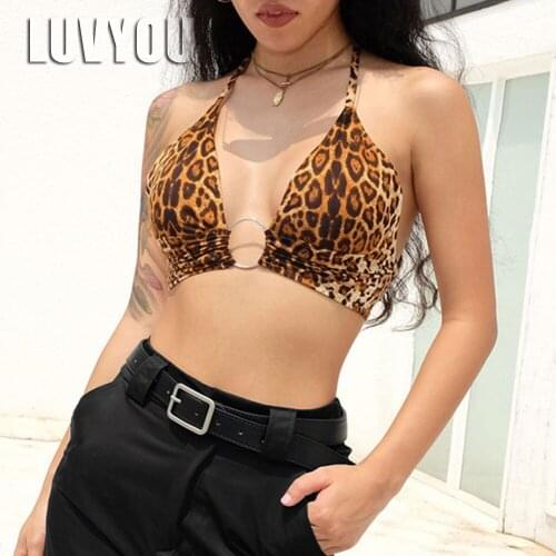 Leopard Printed Sexy Halter Crop Top Women Camis Backless Bandage Lace Up Sequins Metal Ring Tank Top 2020 Party Club Bustier