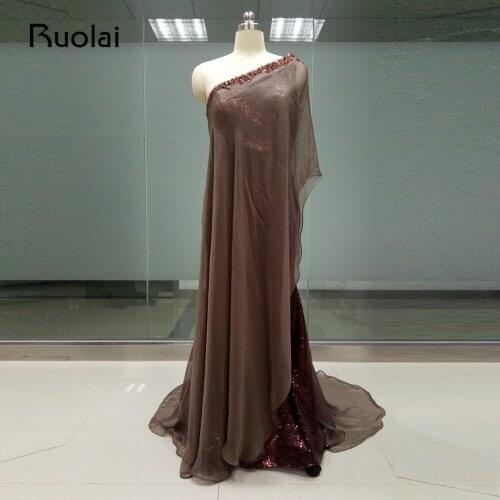 Real Photo Sexy Long Mother of the Bride Dresses 2019 One Shoulder Mermaid Chiffon Party Dresses for Groom Mother Sequined FM06