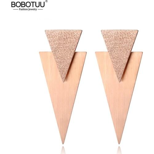 BOBOTUU Rose Gold Frosted & Brushed Surface Double Triangle Stainless Steel Earrings Fashion Jewelry Boucle D'oreille BE18073