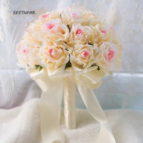 Wedding Bouquets With Ribbon Beautiful Handmade Flowers Decorative Artificial Rose Flowers Pearls Bride Bridal Lace SPH07