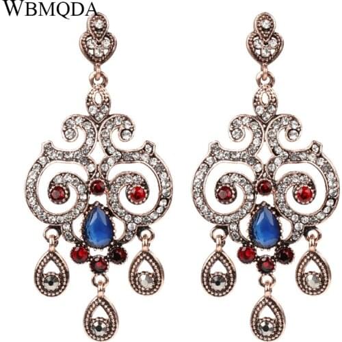 Wbmqda Drop Shipping Vintage Blue Crystal Flower Drop Earrings For Women Big Antique Gold Statement Earring Bohemian Jewelry