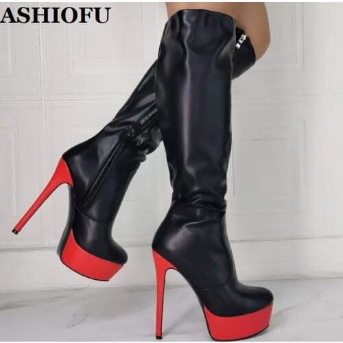 ASHIOFU Newest Womens High Heel Platform Boots Black&Red Sexy Knee Booties Large Size Wholesale Evening Fashion Winter Boots