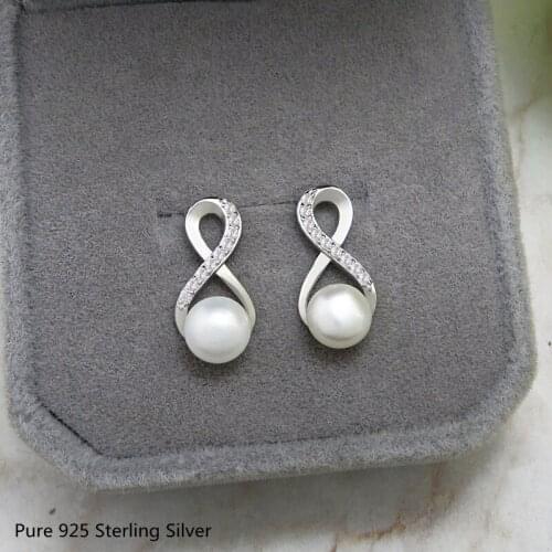Buyee Women Stud Earring 7mm Freshwater Pearl Infinity Real 925 Sterling Silver Simple Earring for Women Wedding 8 Jewelry