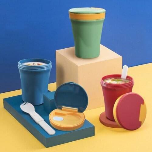 450ml Bpa Free Plastic Soup Box with Folding Spoon Portable Breakfast Lunch Boxes for Kids