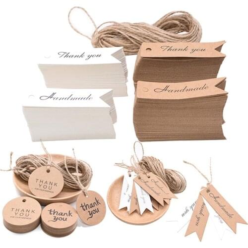 100Pcs Kraft Paper Tag and 10m Hemp Rope Thank You Handmade Hanging Labels Gift Wrapping Paper Hang Tags for Wedding Party Gifts