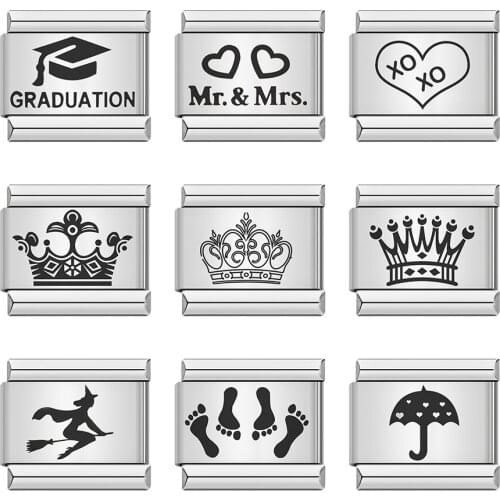 Hapiship Original Daisy Crown Heart Witch Footprints Umbrella Charm Links Fit 9mm Bracelet Stainless Steel Jewelry Making DJ203