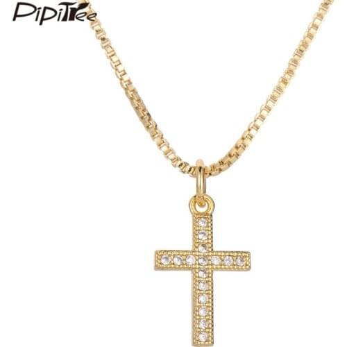 Pipitree Clear Cubic Zirconia Cross Pendant Necklace Copper Gold Color Men Womens Chain Necklace Religious Fashion Jewelry Gift