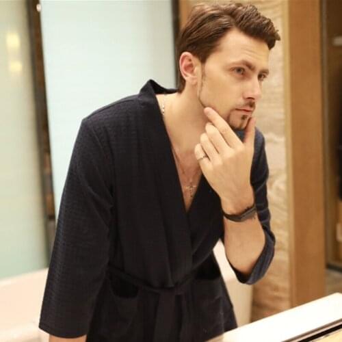 Autumn Spring New Men Robe Gown Casual Waffle Kimono Bathrobe Male Daily Spa Home Clothes Three Quarter Sleeve Sleepwear