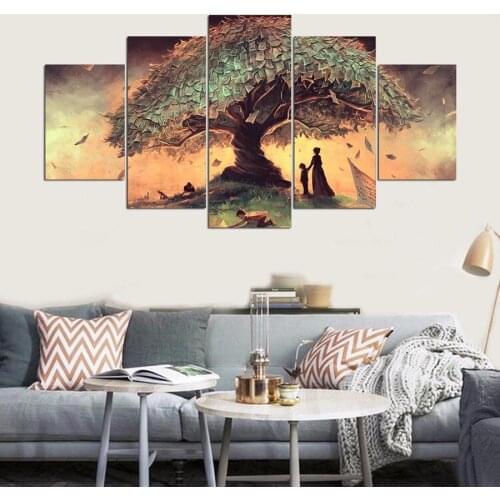 JIE DO ART Canvas Painting Abstract Wall Art Pictures Home Decor 5 Pieces Surreal Fantasy Fairy Tale Tree Module Print