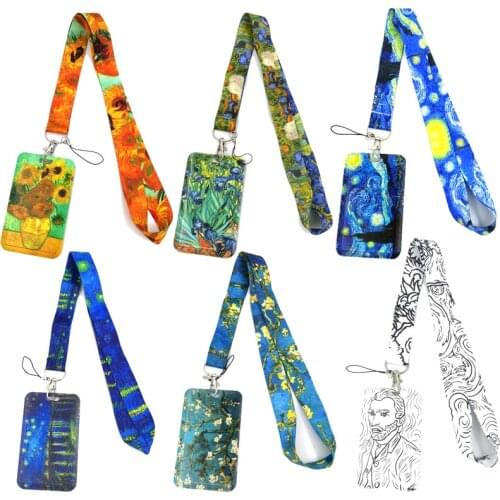 Van gogh Oil Painting Sunflowers Art Creative Lanyard Card Holder Student Hanging Neck Phone Lanyard Badge Subway Access Card