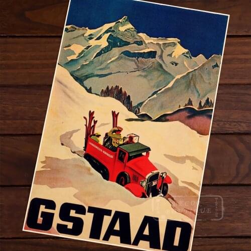 Ski in Switzerland Gastaad Classic Vintage Retro Kraft Decorative Poster Maps Travel Posters Wall Canvas Sticker Decor Gift