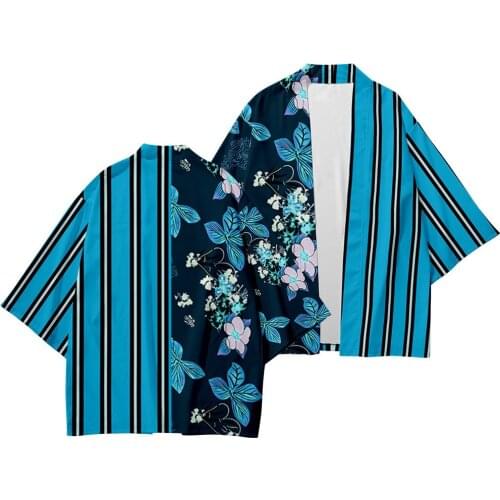 Oversize Men Yukata Loose Kimono And Pant Set Samurai Harajuku Hawaii Blue Floral Striped Patchwork Kimono Cardigan