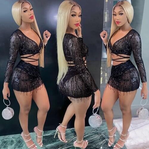 Sequined Tassel Sexy 2 Piece Sets Women Outfits Night Club Wear Party Lace Up V Neck Crop Top and Mini Skirt Set Matching Sets