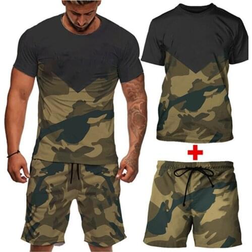 Men Set Fitness Sporting Suits Short Sleeve T Shirt + Shorts Quick Drying 2 Piece Camouflage Casual Suit Streetwear Sets Homme