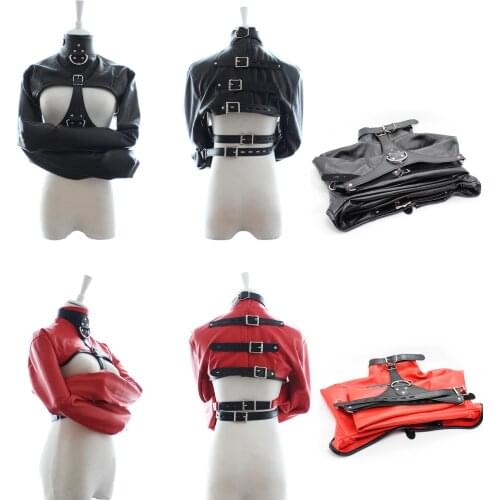 Kinky Fetish Women PU Leather Open Breast Straitjacket Cupless Body Restraint Straight Jacket Top Costume 2 Colors