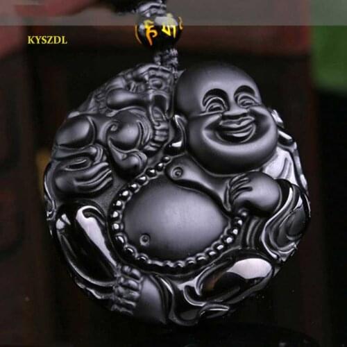 KYSZDL Natural obsidian Laughing Buddha Big belly Maitreya necklace Buddha pixiu bring you Love money and security FREE ROPE