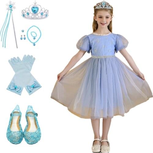 Fancy Girl Lace Flower Crystal Snow Queen Elsa Princess Dress Elegant Kids Sequins Sling Gowns Child Birthday Party Prom Dress