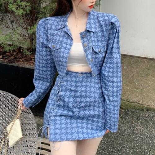 2021 New Autumn Long Sleeve Houndstooth Plaid Crop Top Denim Outfit String Jeans A Line Skirt Suits Korean Vintage Two Piece Set