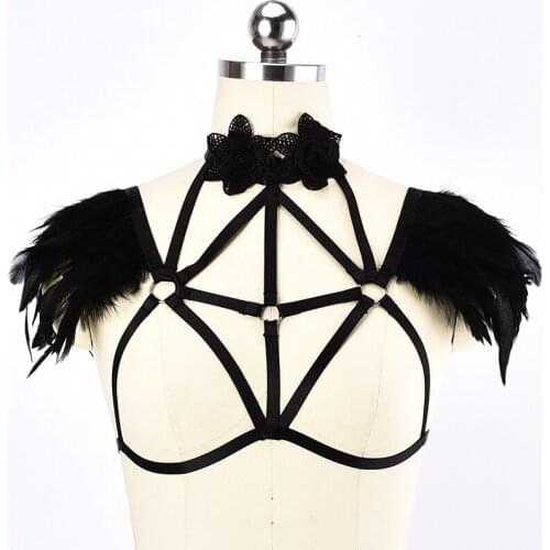Sexy Harness Lace Flower Bra Shoulder Feather Bondage Lingerie Body Harness Belt Black Elastic Top Goth Rave Cage Bra Bustier