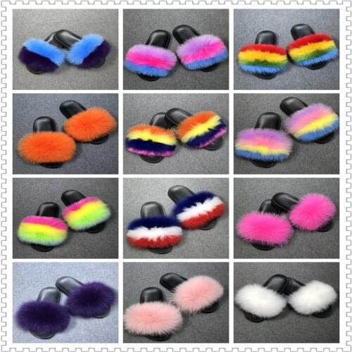 Kids Fur Slippers Teen Girl Furry Real Fox Fur Flip Flops Flat Children Rainbow Shoes Girls Fur Sandals Cute Size 36-45 Fashion