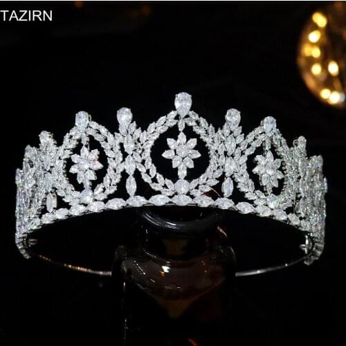 Luxury Full Zircon Wedding Crowns and Tiaras CZ Charming Bridal Headpiece Western Princess Women Pageant Party Hair Jewelry