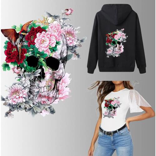 Flower Skull Thermo Stickers On Clothes Heat Transfer Patches DIY Print-On Women Men T-shirt Jean Iron on Patches Stripe Washble