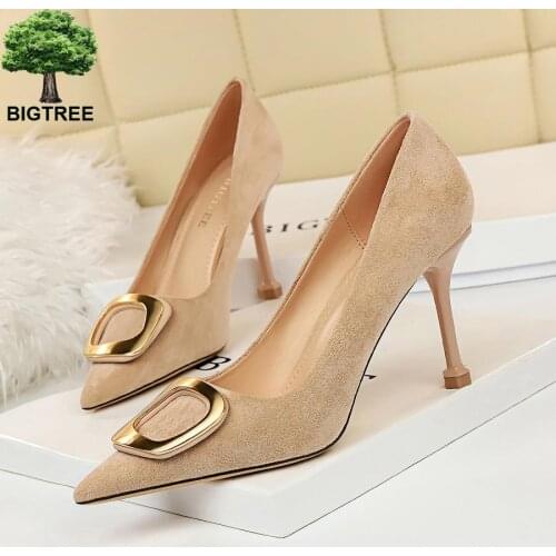 BIGTREE Fashion Sexy Banquet Womens Shoes High Heels Suede Shallow Mouth Pointed Metal Square Buckle Single Shoes Party Pumps