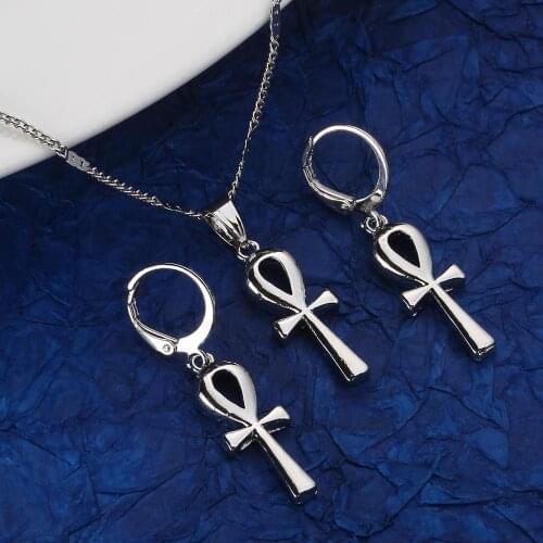 Gold Color Vintage Egyptian Cross Jewelry Set The Key of The Nile Ankh Cross Pendant Necklace Earrings
